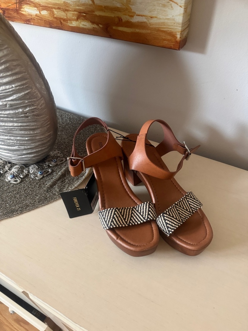 Forever 21 Tan Platform Sandals with Black & White Beaded Strap